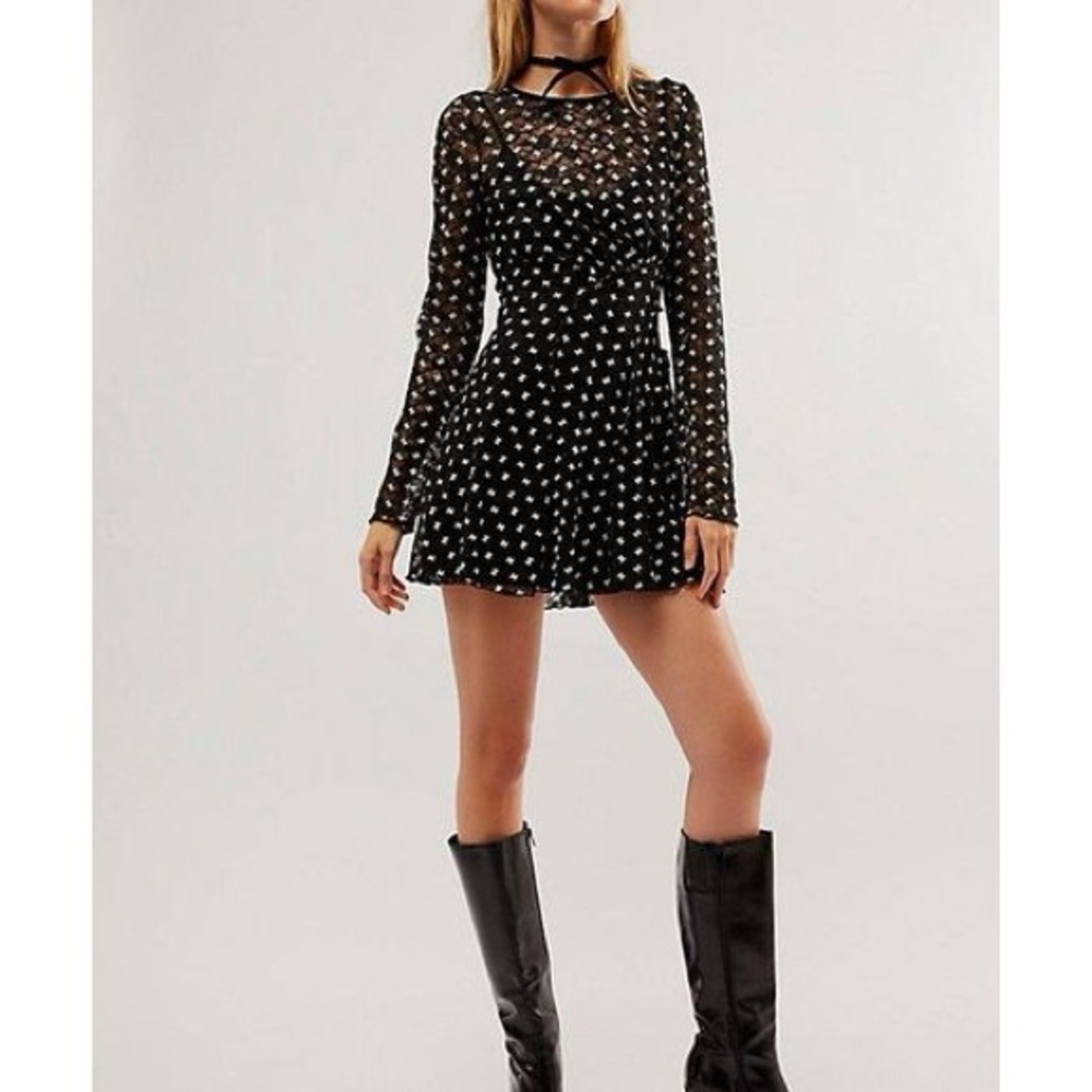 Free People Sheer Delight Mini Dress Black & White Combo XS